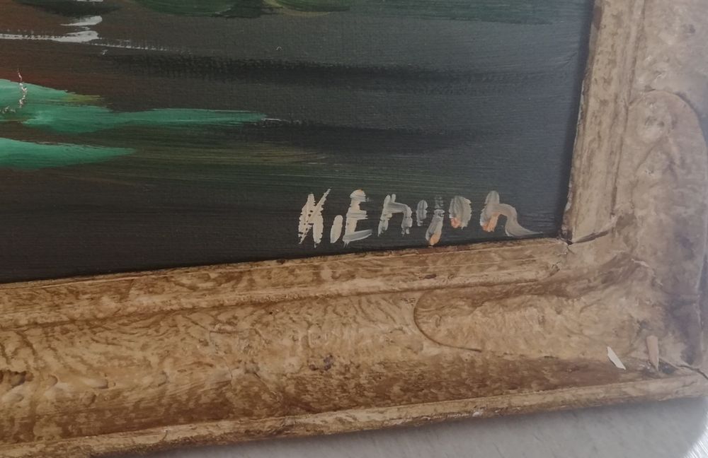 Duży stary obraz skandynawski na płótnie.