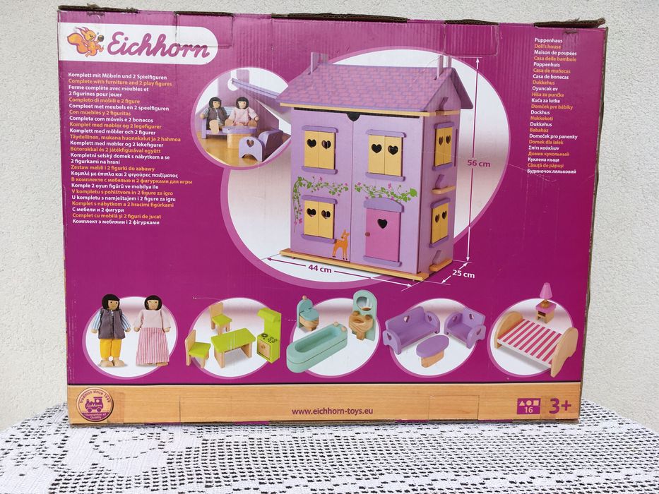 domek drewniany dla lalek Eichhorn różowy duży z meblami i lalkami