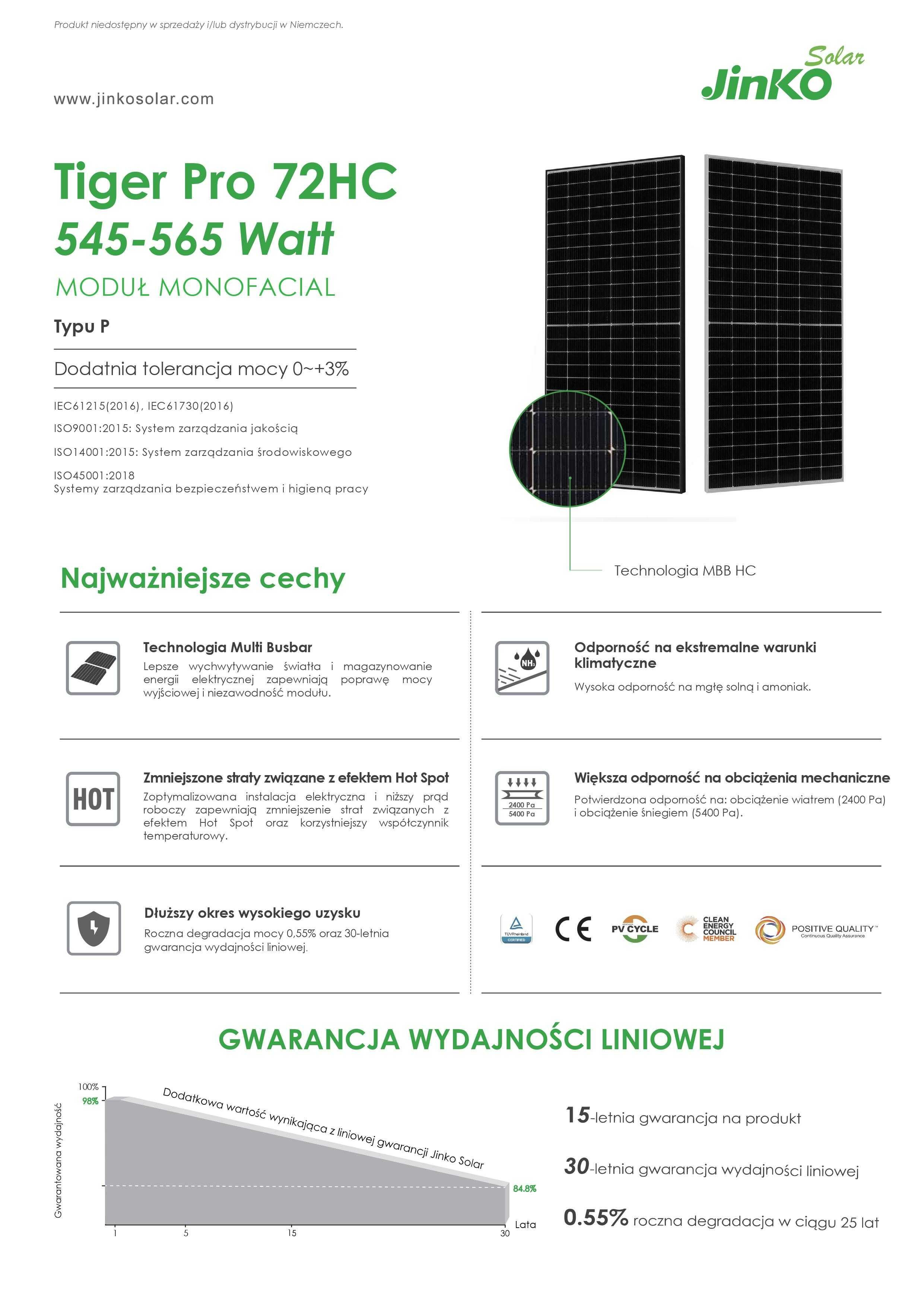 Panel Moduł Fotowoltaiczny Jinko Solar 550 W ( CENA BRUTTO) OD RĘKI