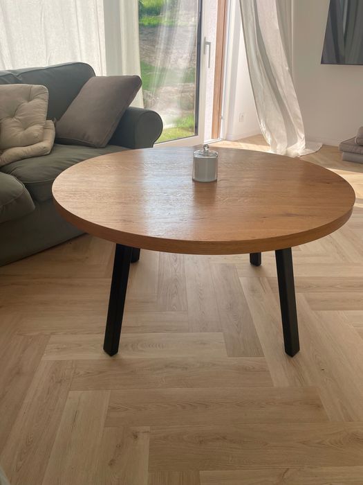 Okrągły Stolik kawowy Loft gruby blat dębowy fornir Stal Czarne nogi