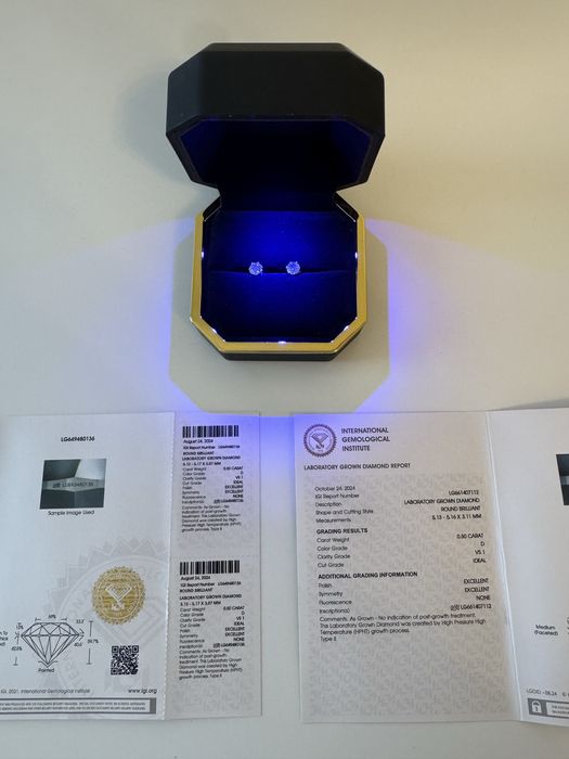 Kolczyki 585 z diamentami 1 ct VS1 D, z certyfikatami IGI, brylantami