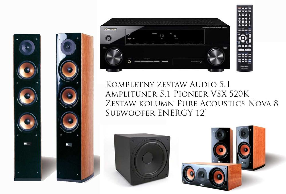 Głośny Zestaw Audio 5.1 Pioneer VSX520K+Pure Acoustics Nova 8 + SUB 12