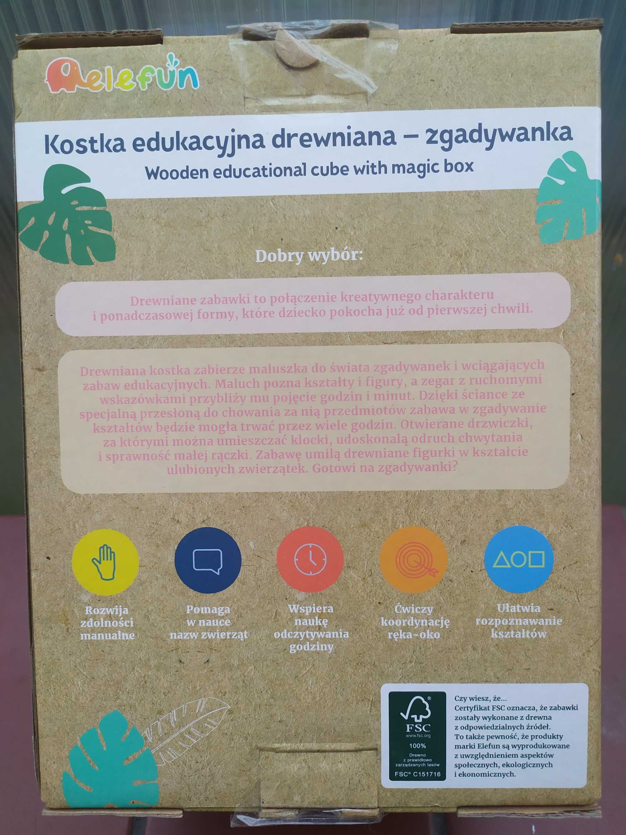 Kostka edukacyjna drewniana zgadywanka sensoryczna Elefun