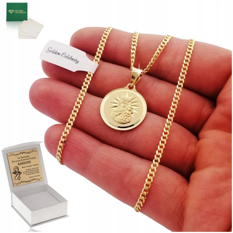 Złoty Pozłacany Łańcuszek Pancerka + Matka Boska Częstochowska 925 + G