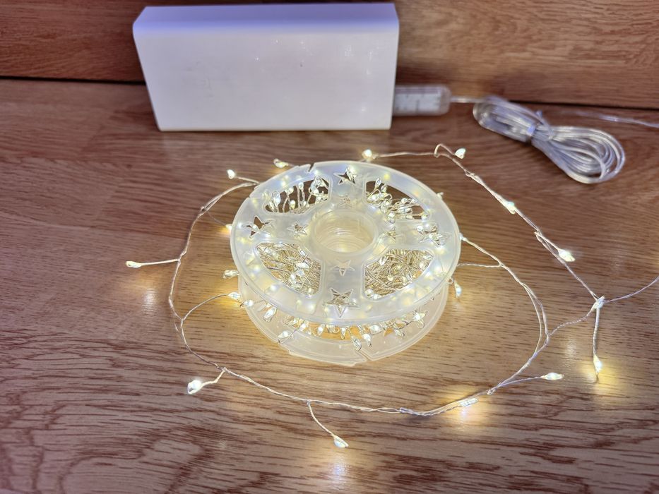 Гирлянда нить мишура 15 м свет теплый и белый, usb, зеленая и серая пр