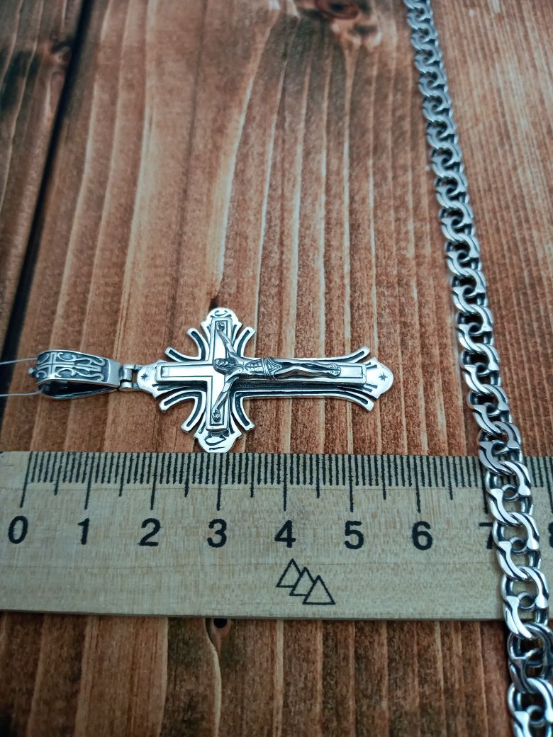 Набор серебряный крест  и цепочка бисмарк серебро 925 цепь крестик
