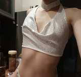 biały błyszczący crop top