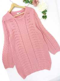 AX21 Długi sweter damski sukienka swetrowa dziergana różowa 40 L 42 XL