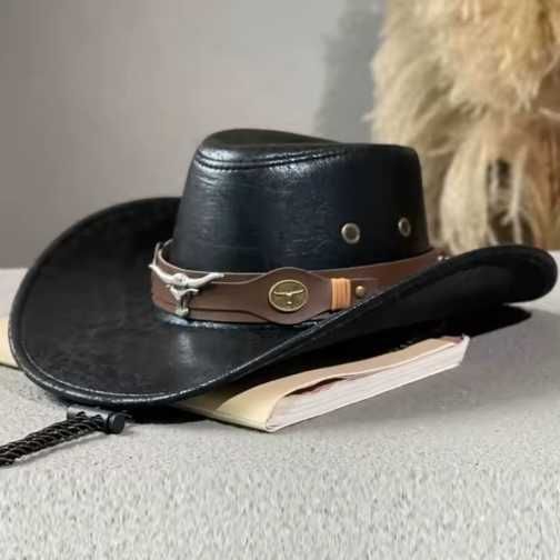 Czarny kapelusz kowbojski skóra byk rogi unisex