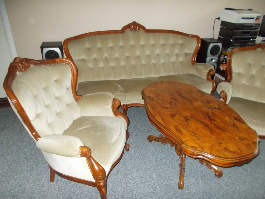 komplet wypoczynkowy ludwik 3 i 2 fotele ława intarsjowana