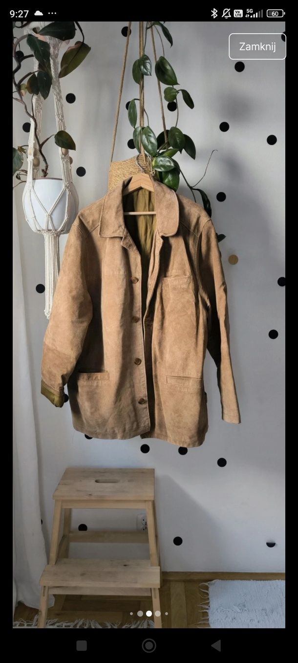 Beżowa brązowa skórzana kurtka katana vintage maxi camel oversizowa za