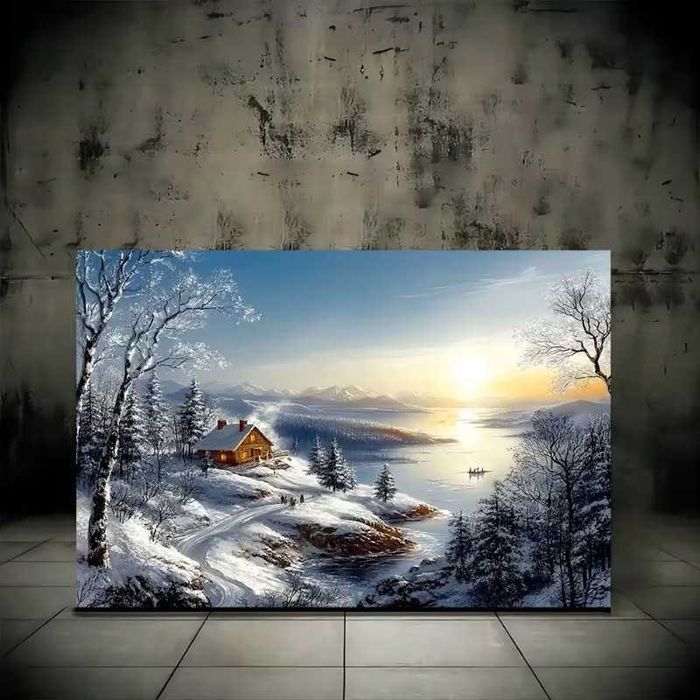 Spokojna Śnieżna Chata na Płótnie