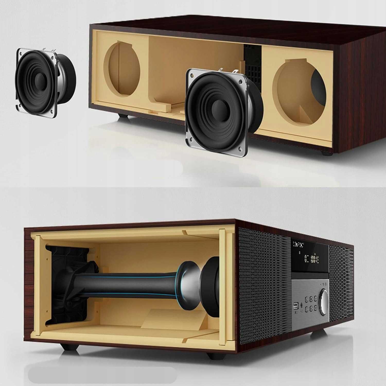 LONPOO Radio Wieża stereo Drewno HiFi CD Bluetooth FM USB AUX