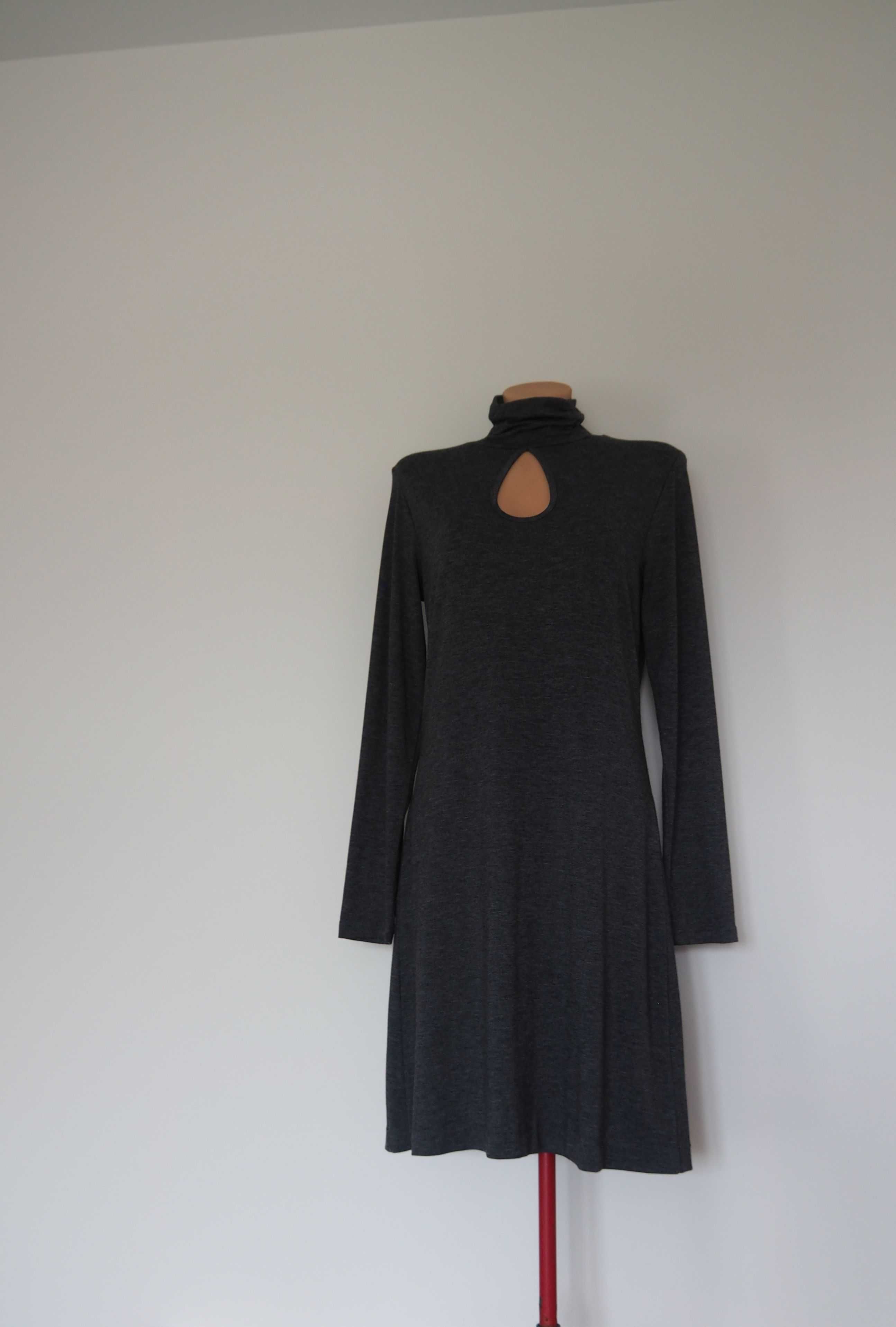 Sukienka dzianinowa, szara, melanż, 36, 38 długi rękaw, Made in Poland