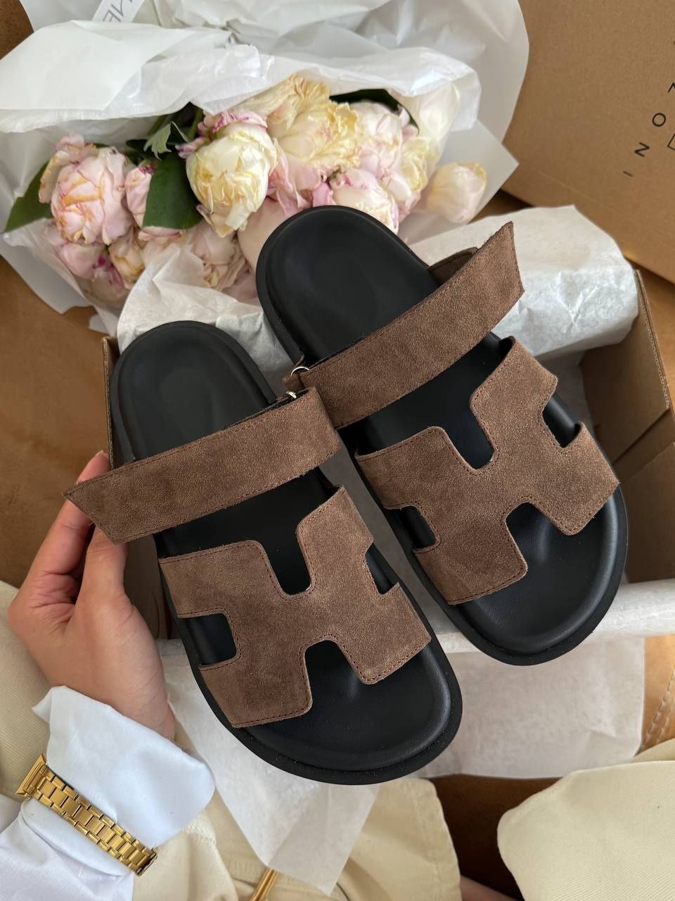 р36-41 Шльопанці у стилі Hermes Chypre Sandals Brown
