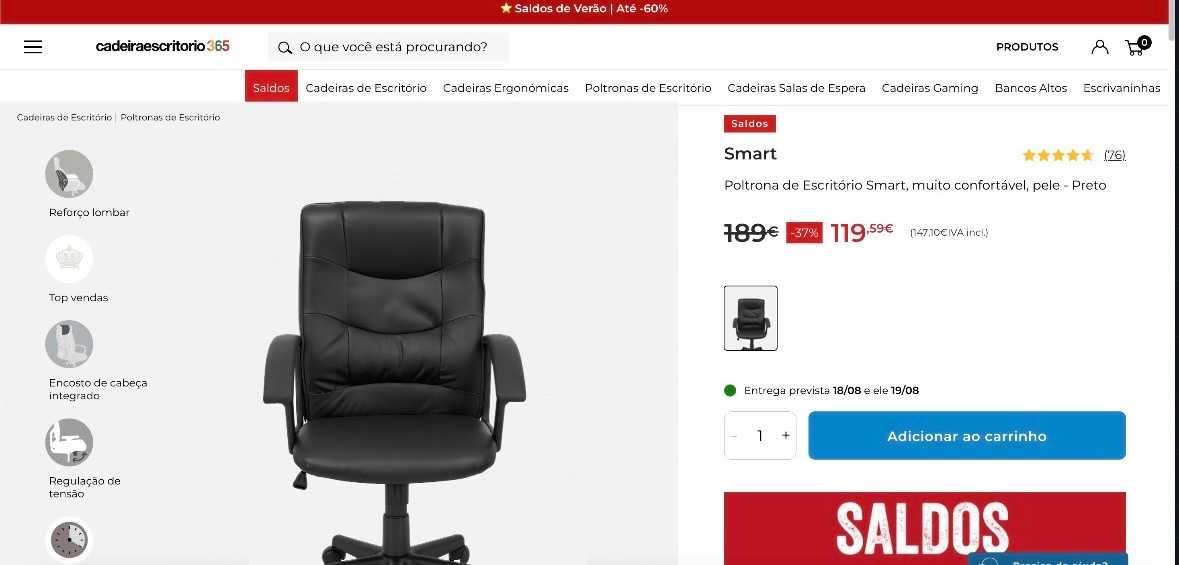 Cadeira Poltrona de Escritório "Smart" Executiva - Preto