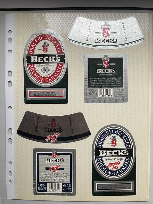 Karta etykiet Beck’s i Löwenbräu – klasyka niemieckich piw, lata 90.