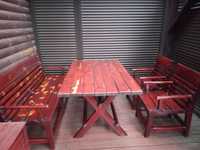Meble ogrodowe - stół, ława (3 os) i 2 krzesła/fotele (lite drewno)