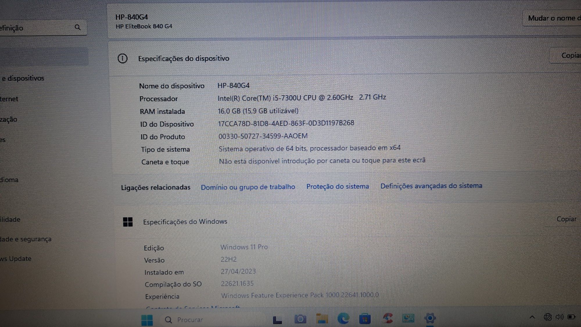 HP-840G4 A 14,1" I5 7ªG-2.6Ghz|16Gb|M.2+HDD|Leitor-CC|Rato+Mala|W11