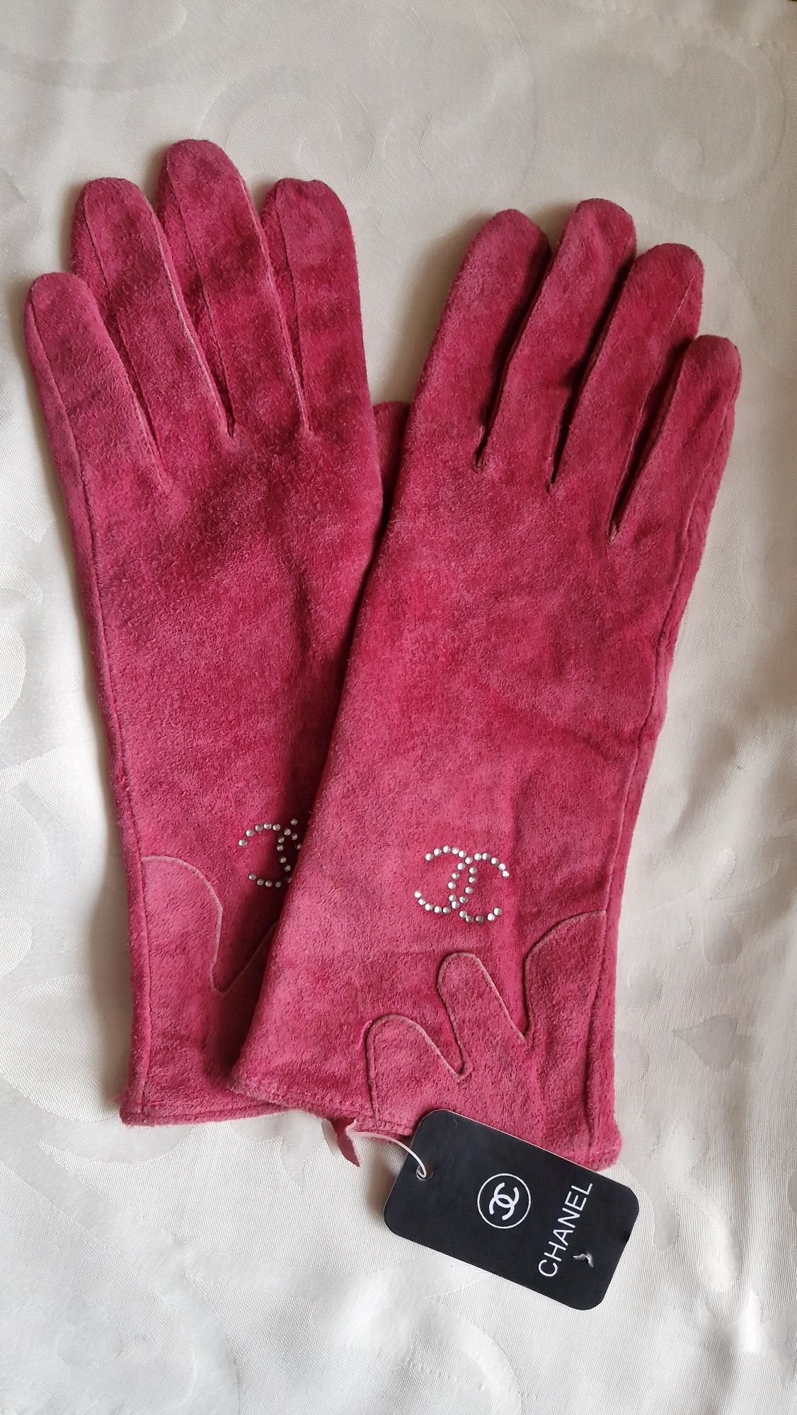 Rękawiczki CHANEL damskie skóra nubuk wełna L różowe