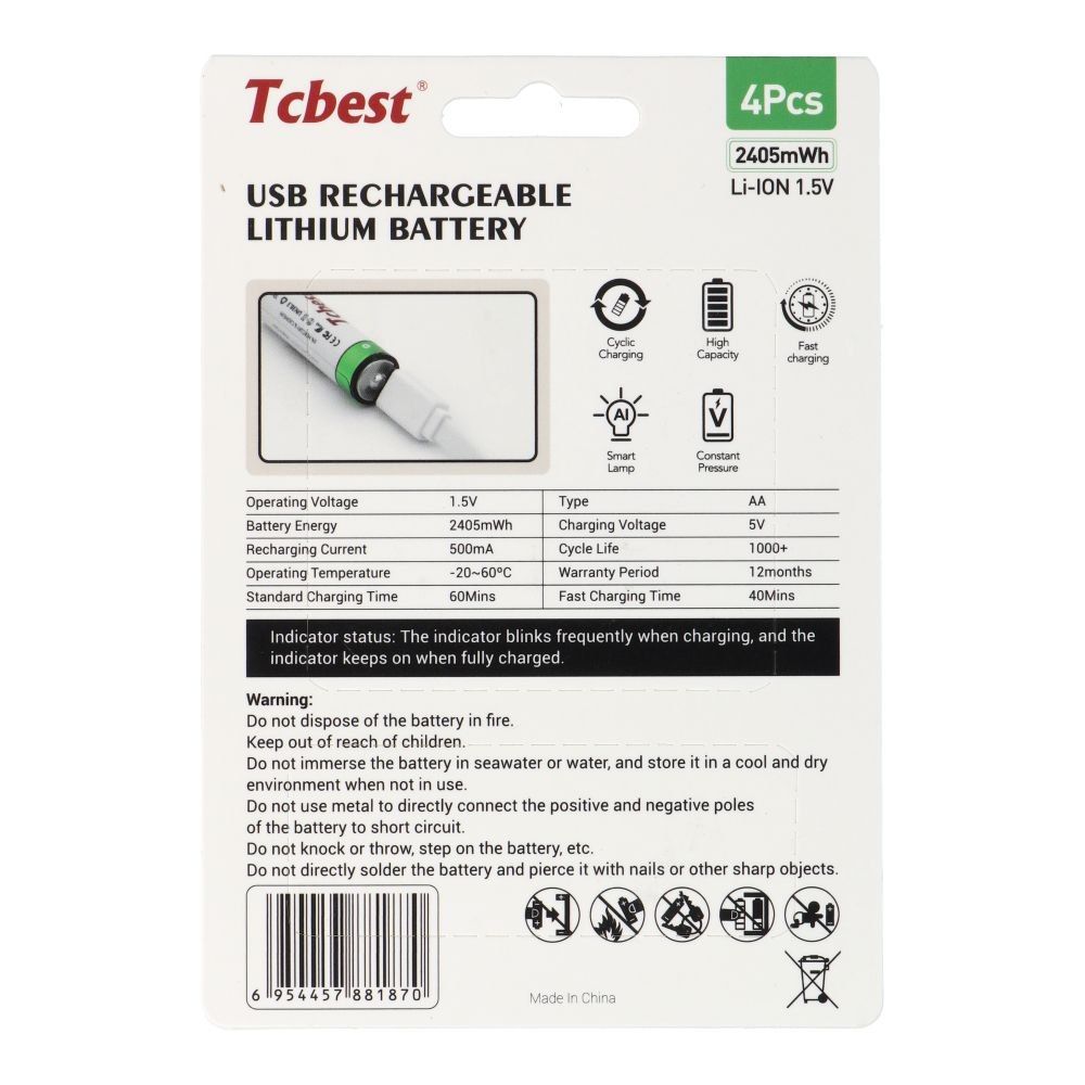 TCBEST bateria akumulatorowa R6 (AA) 650 mAh z gniazdem Typ C