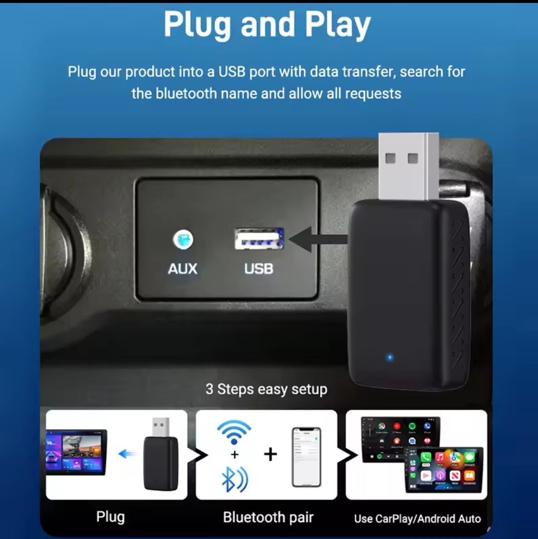 Adapter USB 2w1  android auto/car play przewodowy zmienia na bezprzewo
