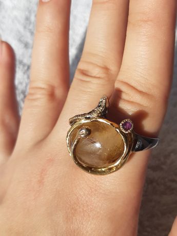 Винтажное  серебряное кольцо с рутиловым кварцем и аметистом. Размер19