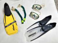 Barbatanas, máscara, tubo snorkeling