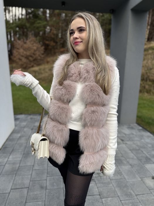 Kamizelka lis 100% pudrowy róż damska futro xs/s rzędowa gruba