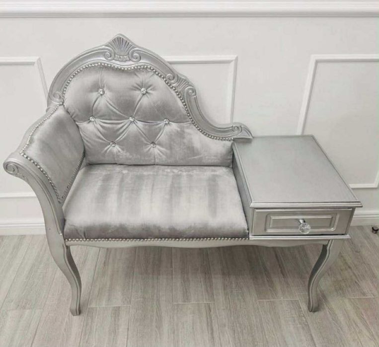 Stylowy szezlong / toaletka z szufladą – srebrny glamour