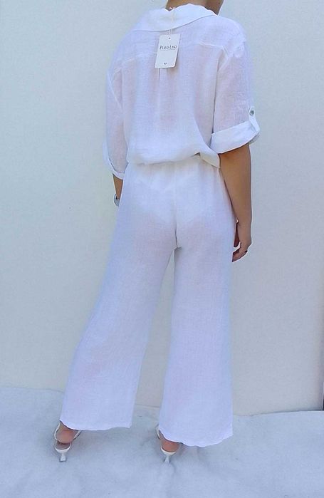 Nowy Lniany komplet szerokie spodnie koszula 100% len puro S M L uni