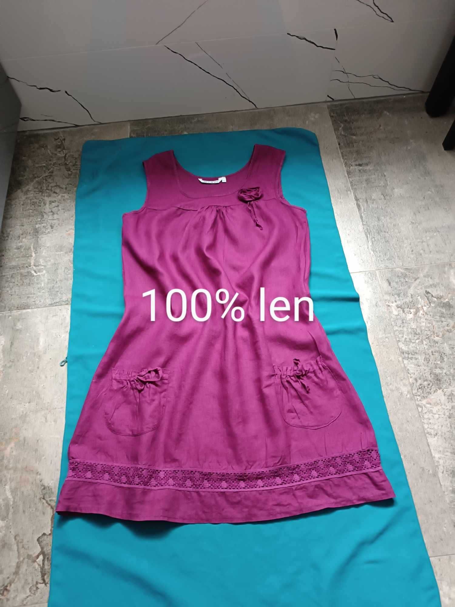 Sukienka śliczna - 100% len ozdobne kieszenie koronka XL/XXL - "SURE".