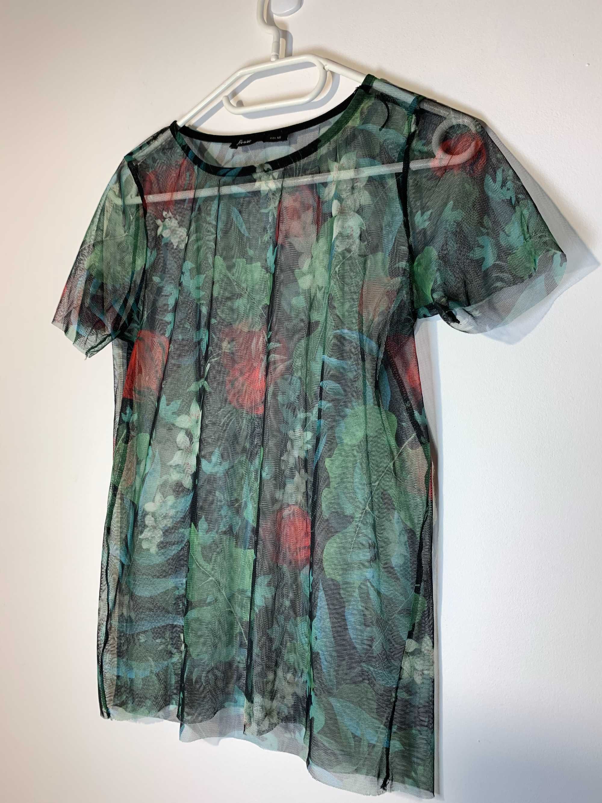 bluzka koszulka transparentna siateczka XS floral forest mgiełka