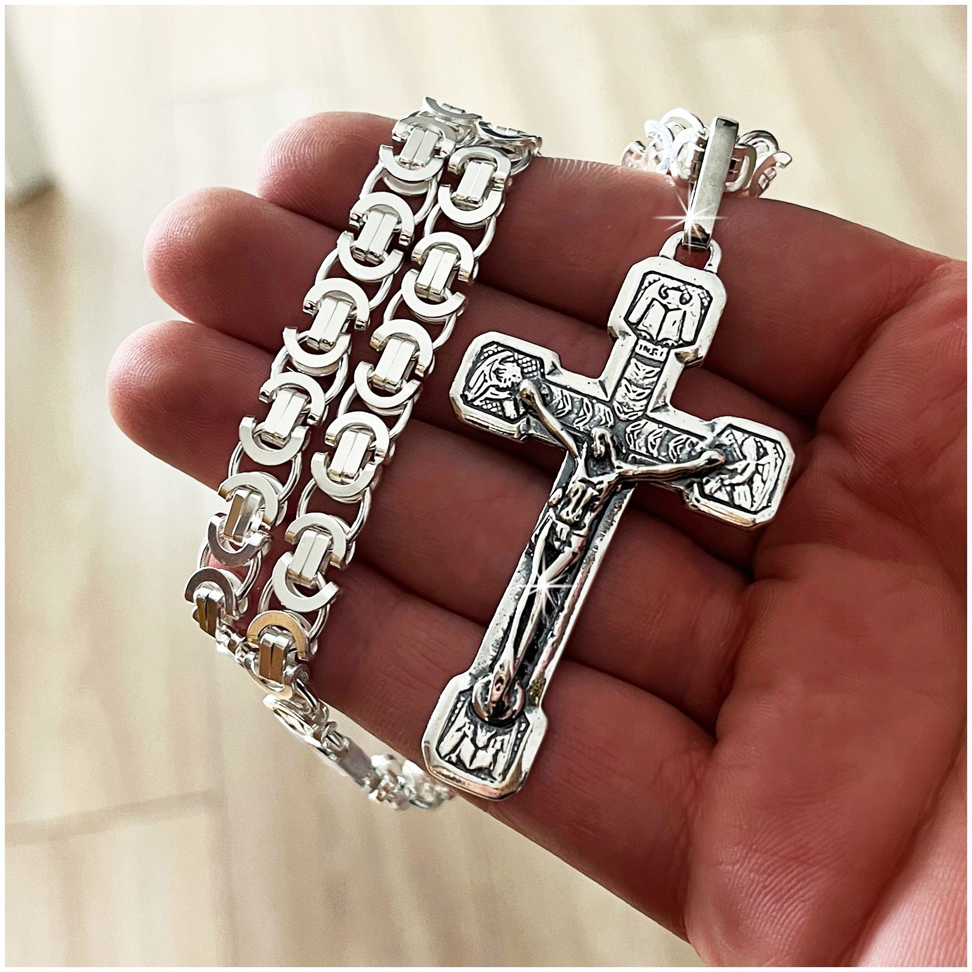 Elegancki Srebrny Łańcuszek Męski Splot Królewski+duży Krzyż Z Jezusem