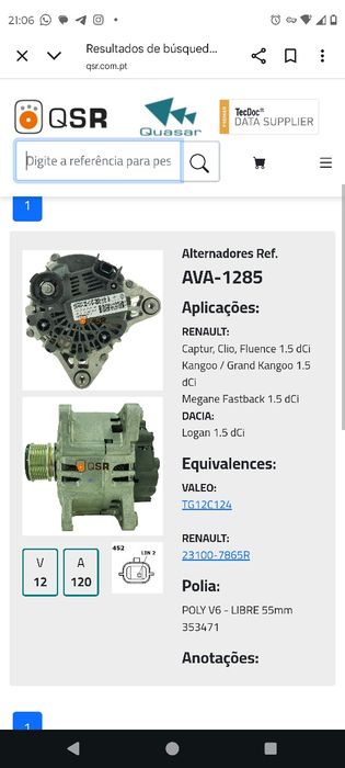 Alternador Renault e Dacia 1.5 Dci