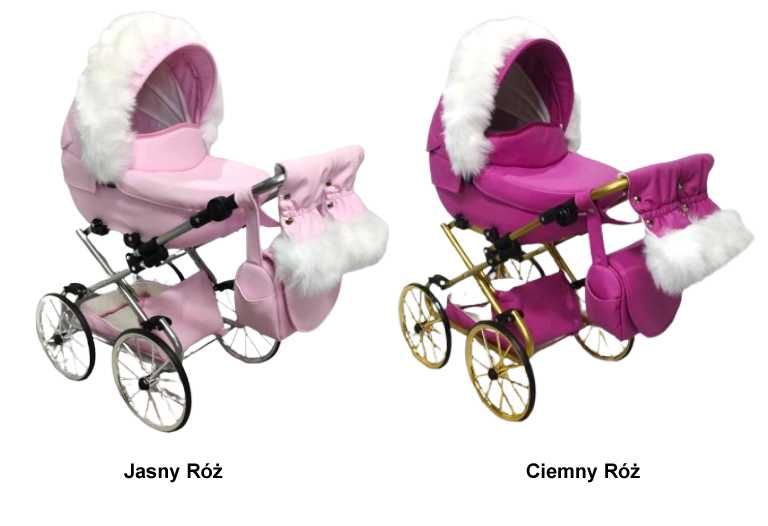 Duży wózek dla lalek lalki głęboki retro złoty różowy futerko Jackmar