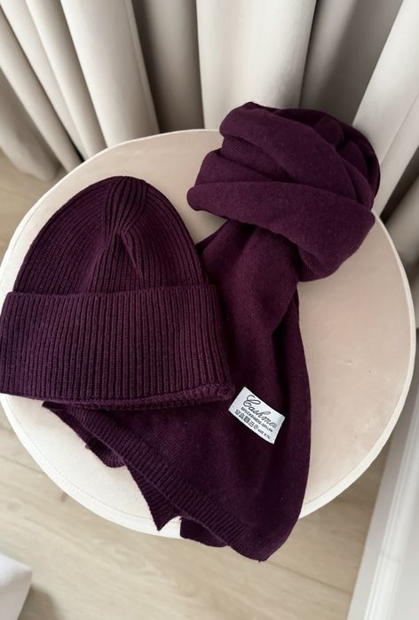 Śliwkowy fioletowy komplet kaszmirowy czapka i szalik Cashmere