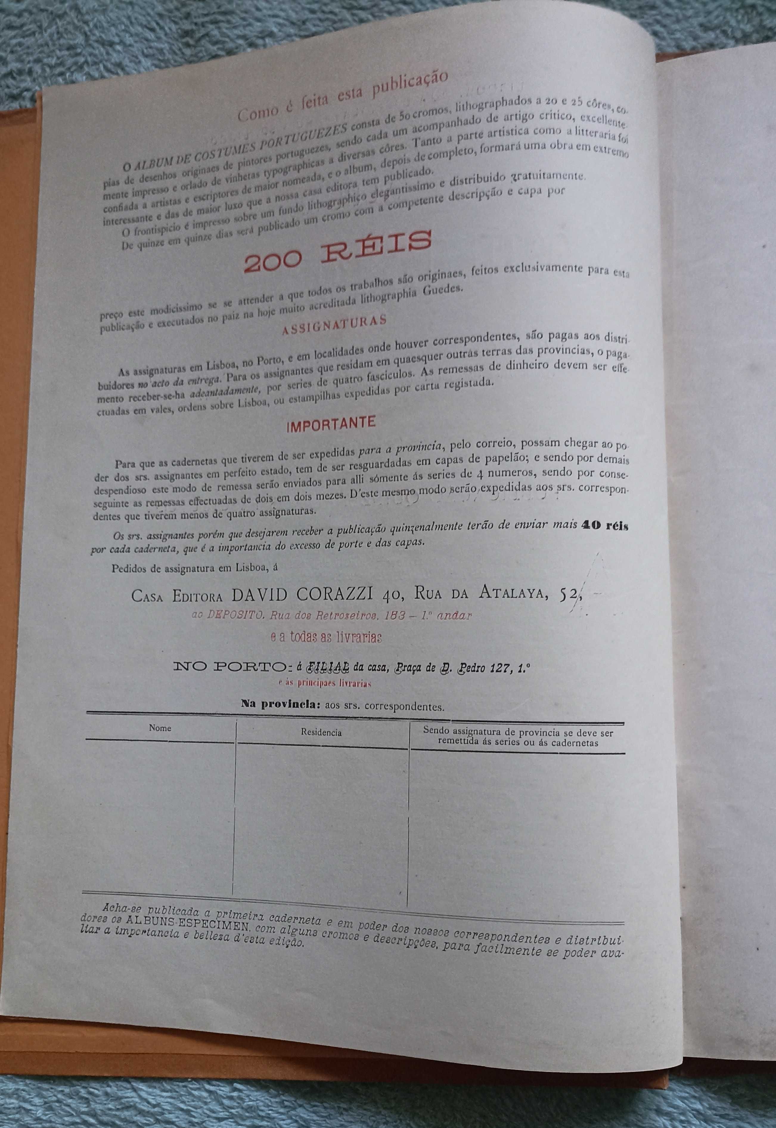 Album de Costumes Portuguezes (Prospecto peça de colecionador de 1888)