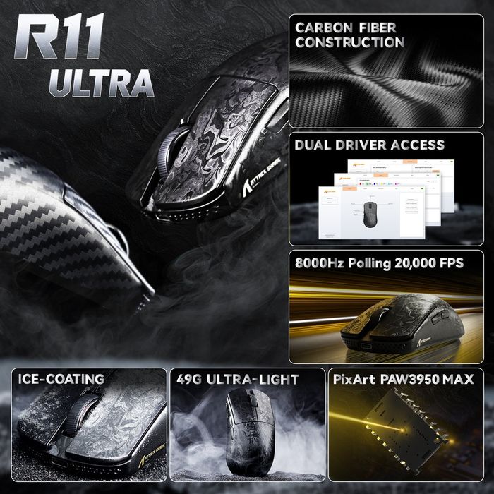 Новинка 2025! ATTACK SHARK R11 ULTRA  49г  8000гц 42000dpi