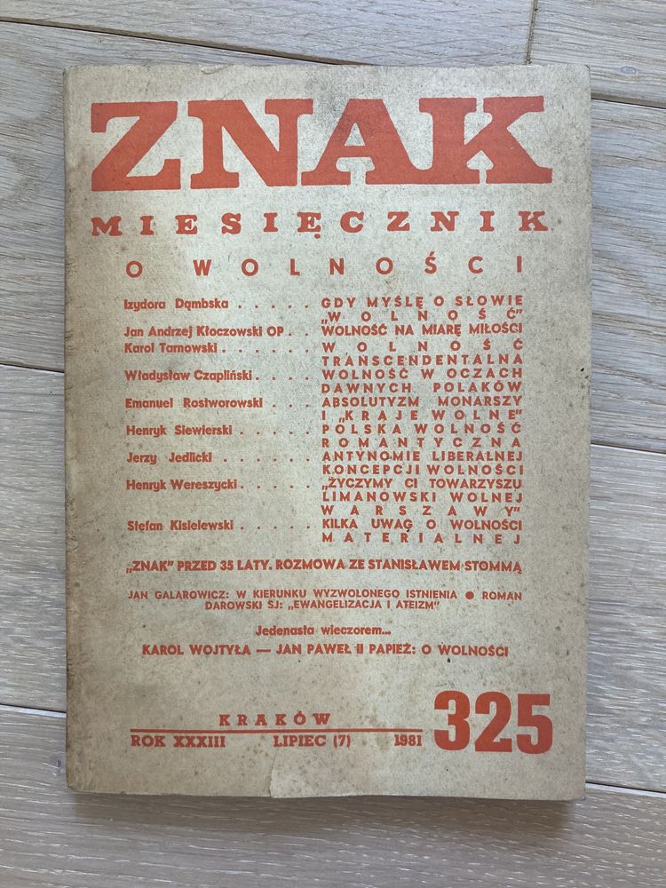 Znak Miesiecznik o wolnosci 1981 Vintage PRL