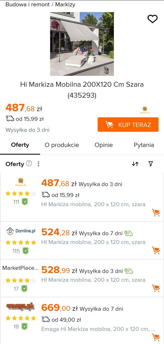 HI markiza mobilna 200x120cm szara na taras/ do ogrodu