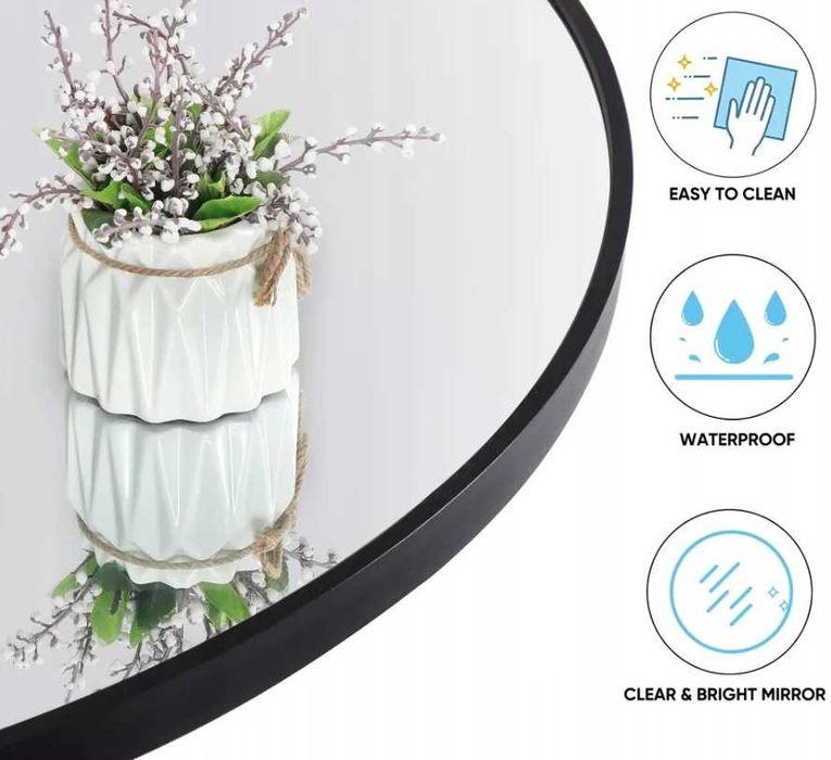 Nowoczesne LUSTRO OKRĄGŁE 60cm Loft Czarne Wiszące Metalowe WYPRZEDAŻ