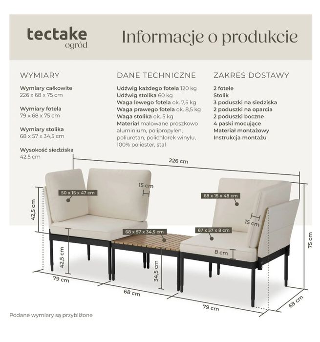 Zestaw mebli balkonowych/tarasowych, sofa lub fotele ze stolikiem.