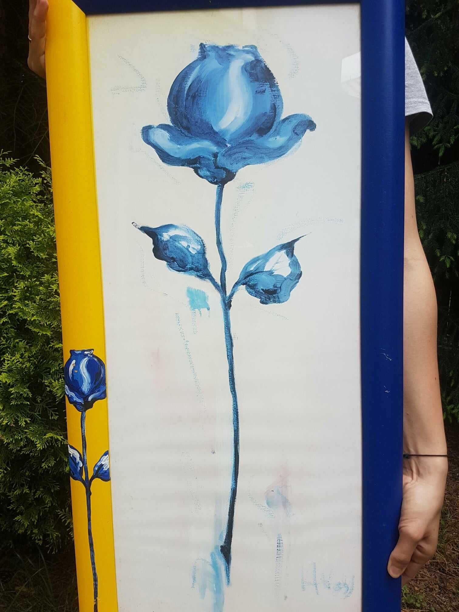 Obraz reprodukcja nowoczesna RÓŻA żółto niebieska za szybą 38X78 cm