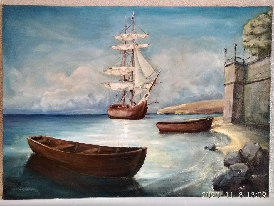 Картина маслом, холст. Продам. Парусник, човен, море, фортеця