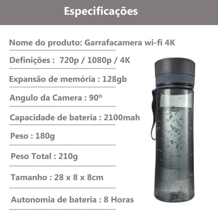 Garrafa de água com camera wi-fi com visualização em telemovel Android