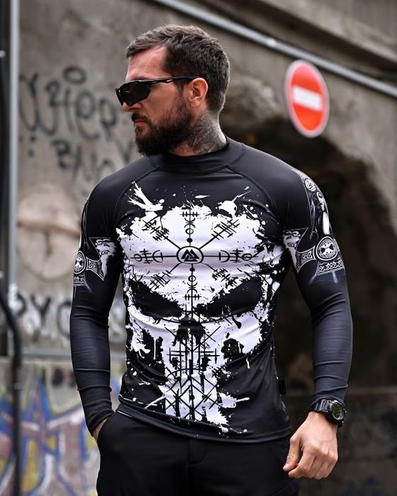 мілітарі рашгард чорний з принтом/кофта лонг милитари с рисунком