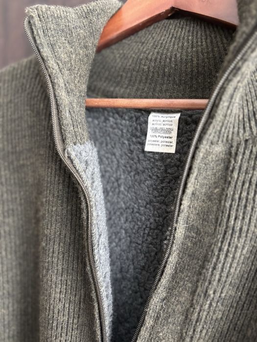 Casaco XL de malha grossa verde forrado a pelo cinzento