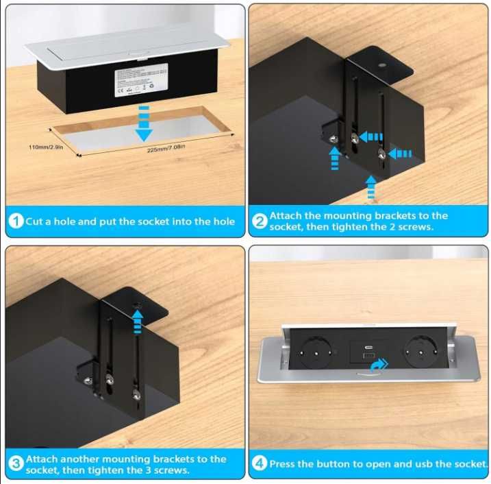Wpuszczane Gniazdko Elektryczne USB C 20W z 2 Gniazdami do Zabudowy