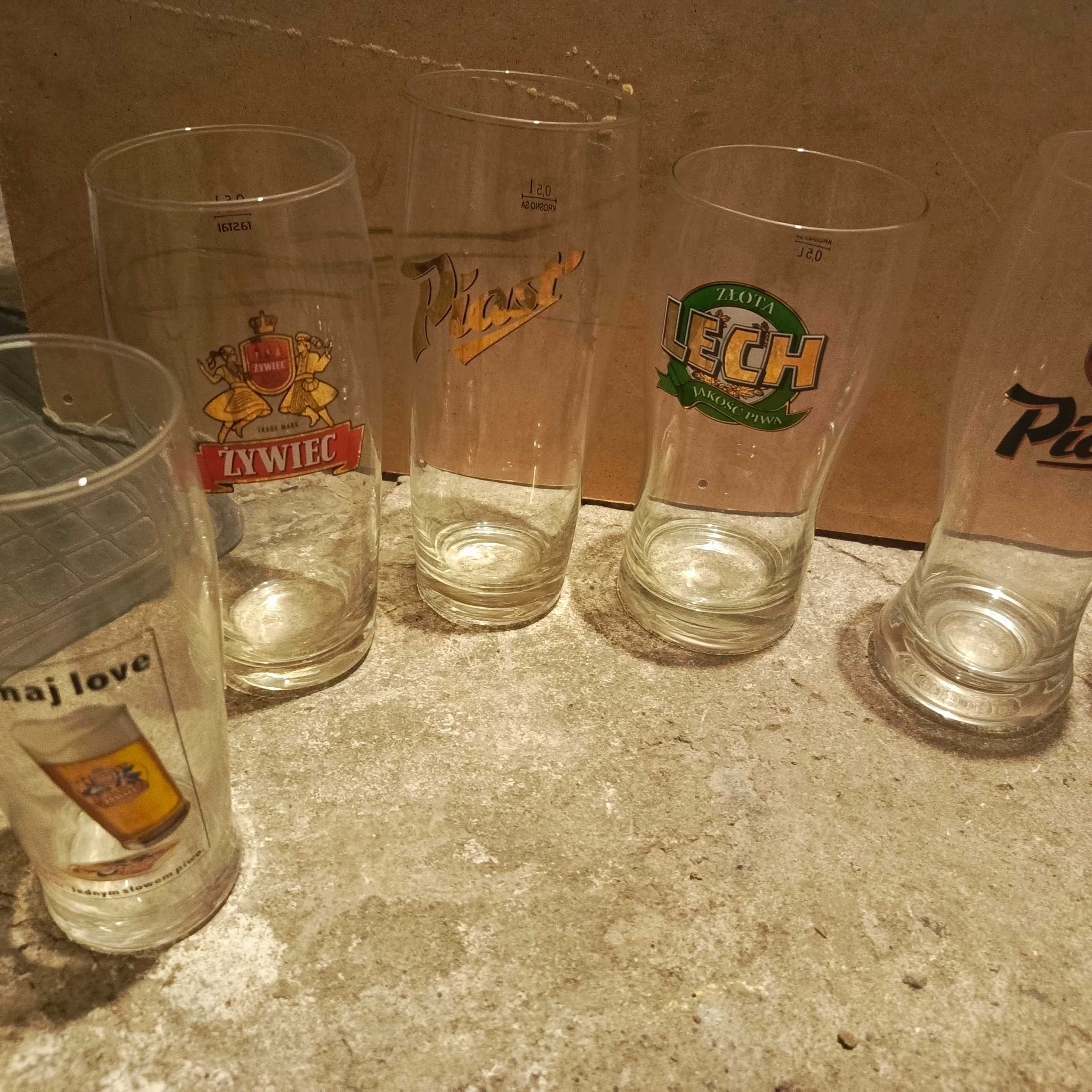 Zestaw 11 szklanek pokali do piwa Wrocław Piast, Warka, Lech Żywiec